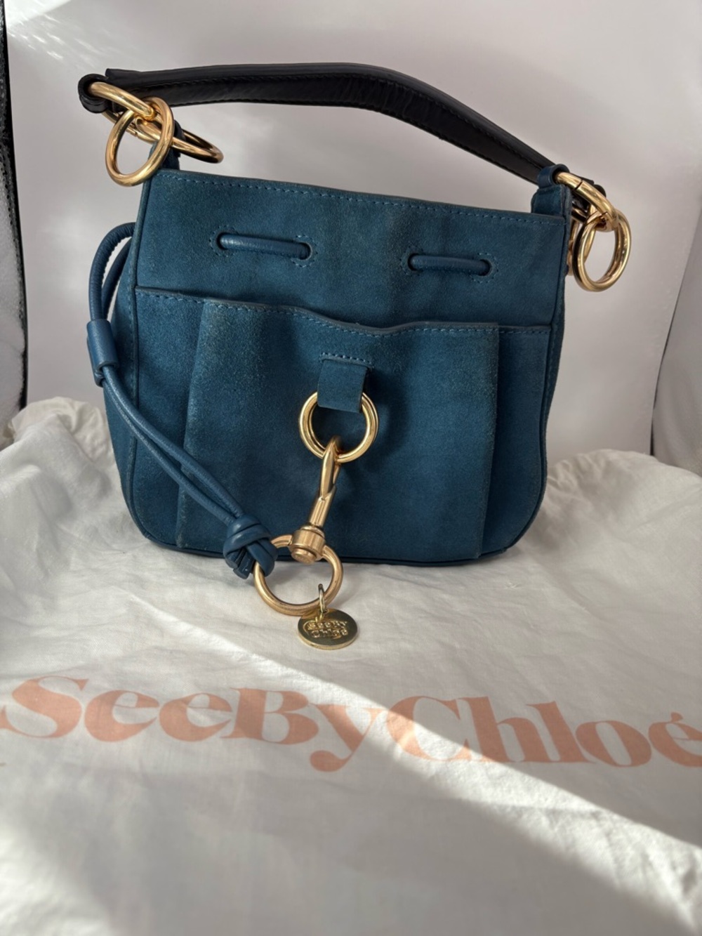 See By Chloe Blue Suede & Leather, 2 way Shoulder Bag with Gold Hardware. Rare - Picture 5 of 11